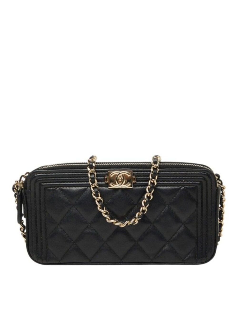 Chanel Quilted CC Logo Boy Chain Pochette Shoulder Bag Black Gold Lambskin